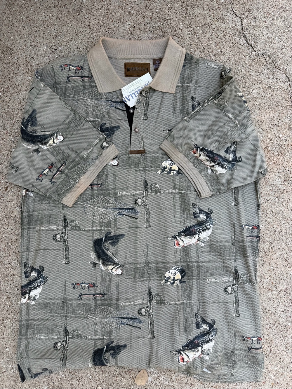 Magellan Outdoors Olive Green Fishing Print Polo